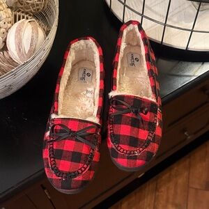 Red Buffalo Plaid Fuzzy Lined Moccasin Slippers